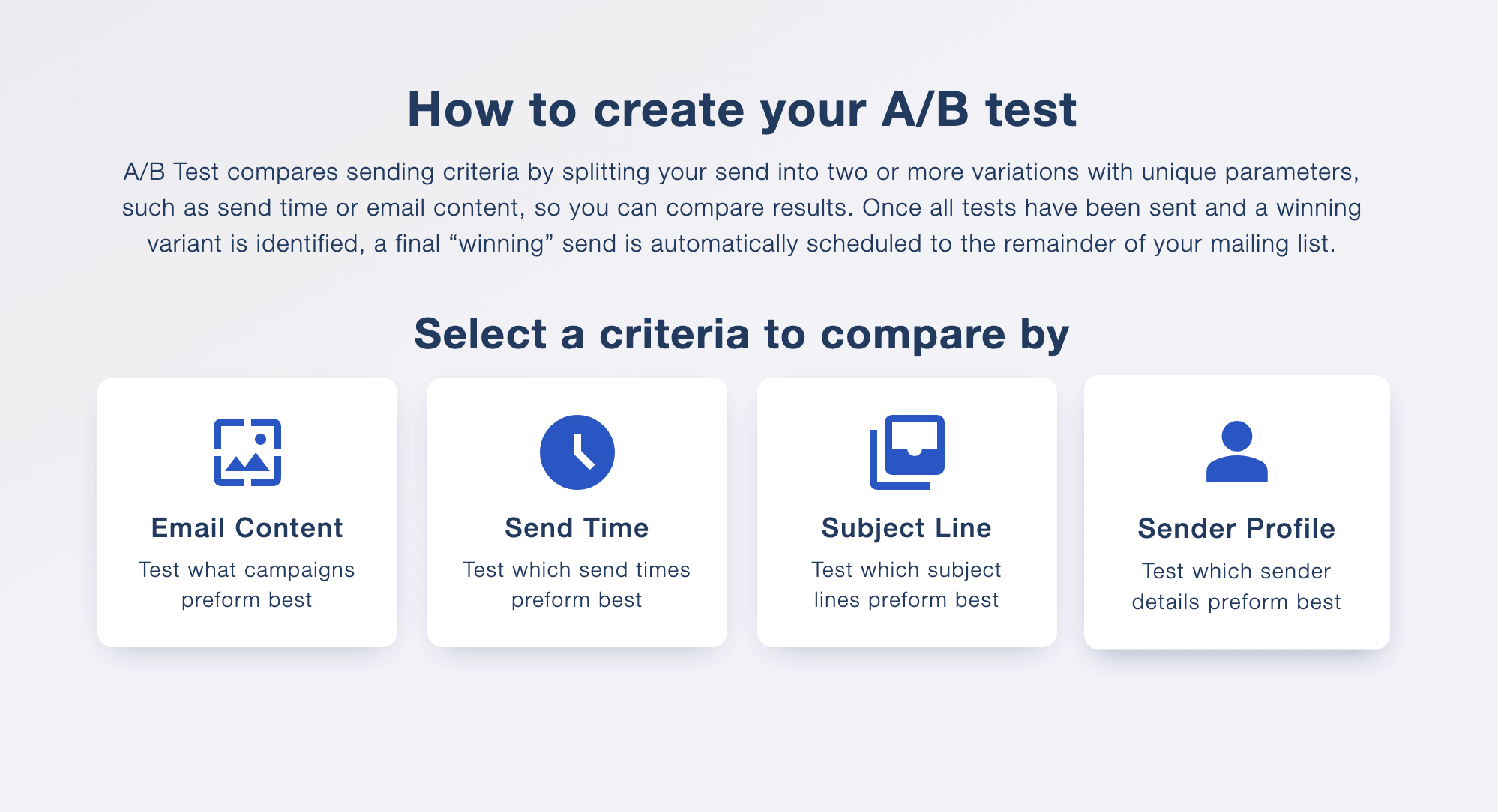 A/B testing setup for email content, send time, subject line and sender profile