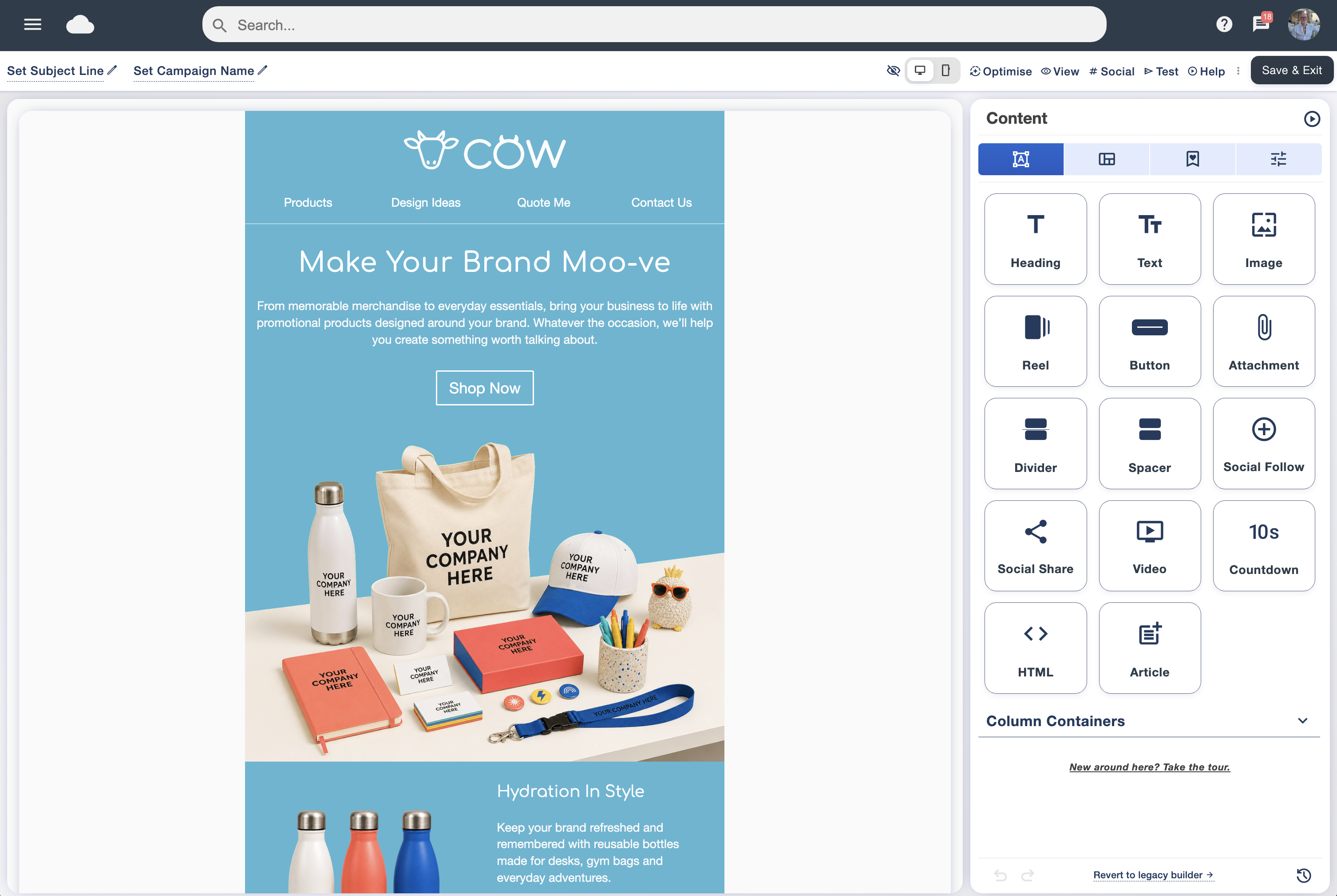 Drag and drop email designer showing campaign canvas and editing tools