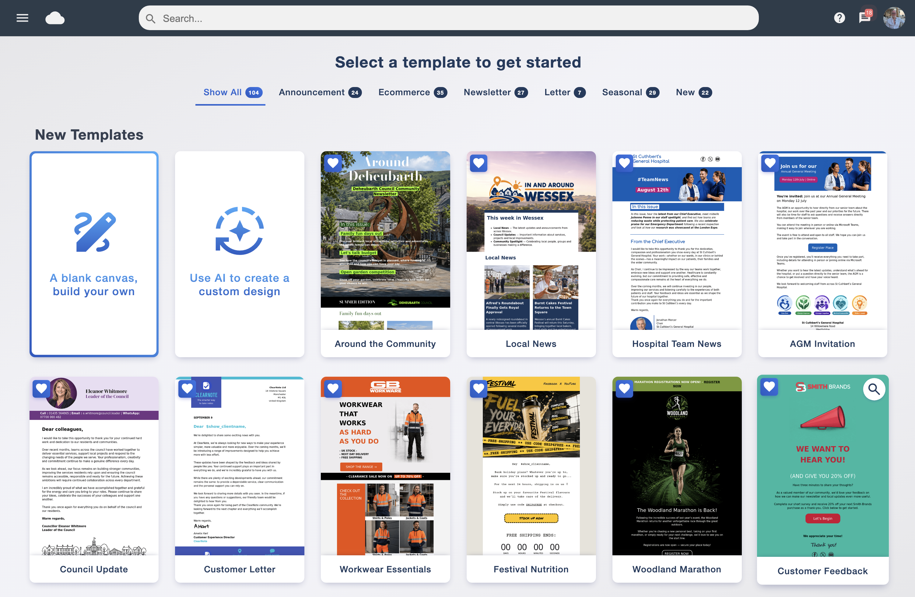 Email template library with blank canvas, AI builder and ready-made campaign designs